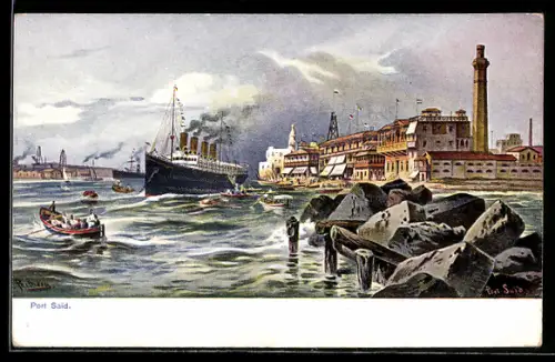Künstler-AK Friedrich Perlberg: Port Said, Hafen mit Kreuzfahrtschiffe