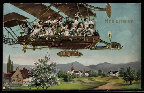 AK Anniversaire, Kleine Mädchen mit Blumen im goldenen Flugzeug über einer Ortschaft