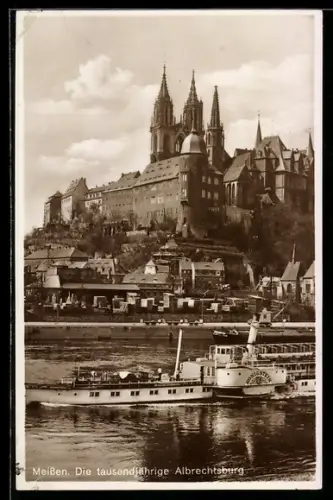 AK Meissen, Albrechtsburg mit Elbe und Dampfer Königstein