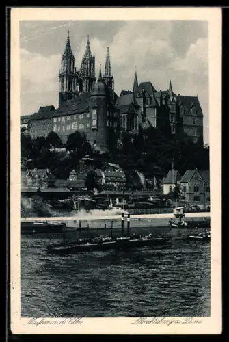 AK Meissen an der Elbe, Dampfschiff vor Albrechtsburg und Dom