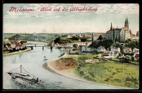 Künstler-AK Meissen, Albrechtsburg mit Stadt u. Elbpanorama