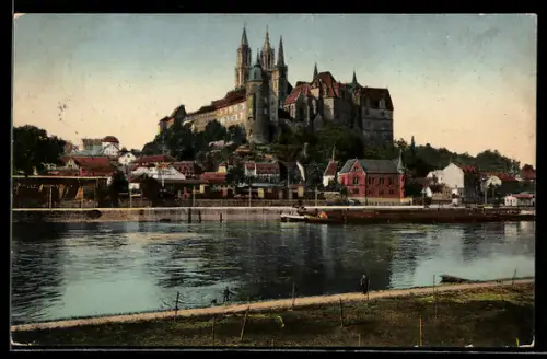 AK Meissen, Albrechtsburg, Elbpartie, Frachter