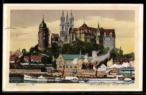 AK Meissen, Albrechtsburg und Dom, Panorama mit Dampfer