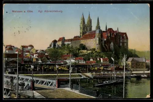 AK Meissen, Albrechtsburg, Brücke, Frachter