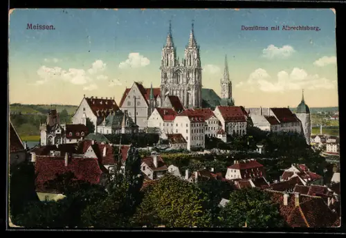 AK Meissen, Domtürme mit Albrechtsburg aus der Vogelschau