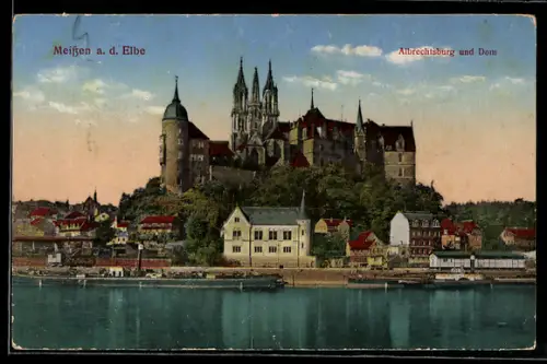 AK Meissen, Albrechtsburg und Dom von der Elbe aus
