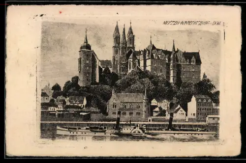 Künstler-AK Meissen, Albrechtsburg u. Dom, Dampfer