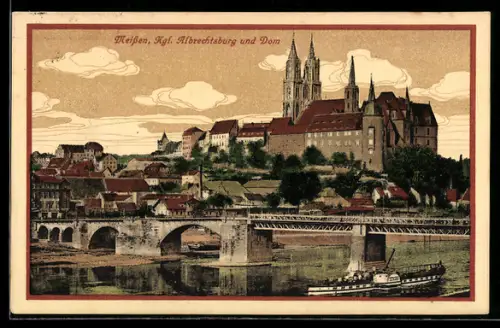 AK Meissen an der Elbe, Königliche Albrechtsburg und Dom mit Raddampfer