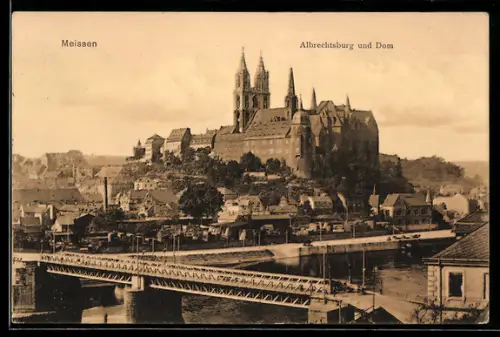 AK Meissen, Albrechtsburg u. Dom mit Brücke aus der Vogelschau