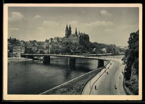 AK Meissen, Neue Elbbrücke mit Dom u. Albrechtsburg