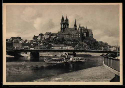 AK Meissen, Albrechtsburg, Panorama m. Brücke u. Dampfer