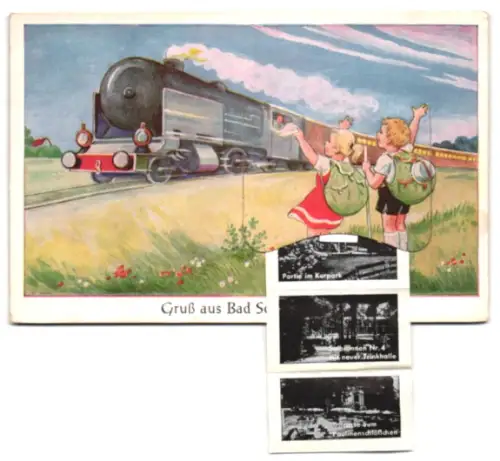 Leporello-AK Bad Soden /Ts., Eisenbahn mit Ansichten von Kurhaus, Trinkkurhalle, Inhalatorium, Paulinenschlösschen