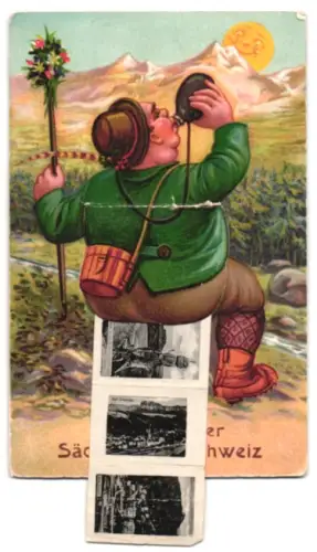 Leporello-AK Bad Schandau /Sächs. Schweiz, Wanderer mit Ansichten von Basteibrücke, Amselsee, Lilienstein, Rathen