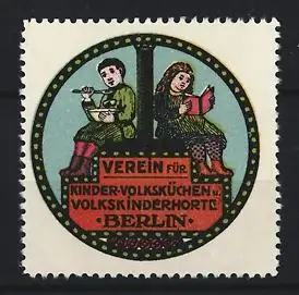 Reklamemarke Berlin, Verein für Kindervolksküchen u. Volkskinderhorte, Kinder mit Buch und Schüssel