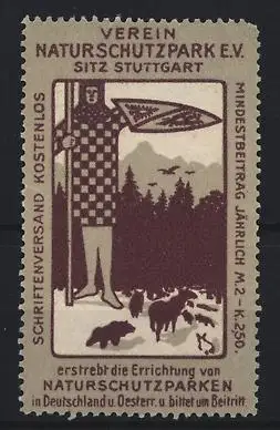Reklamemarke Stuttgart, Verein Naturschutzpark E.V., Ritter mit Tieren und Landschaft