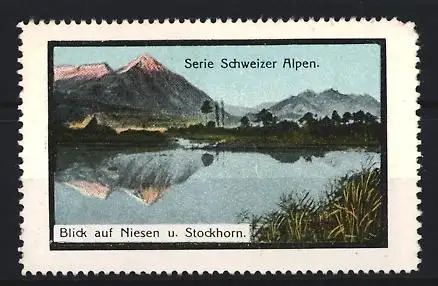 Reklamemarke Schweizer Alpen, Blick auf Niesen u. Stockhorn, Berge und Seeansicht