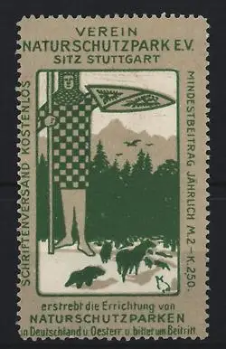 Reklamemarke Stuttgart, Verein Naturschutzpark e.V., Ritter mit Schild und Waldszene