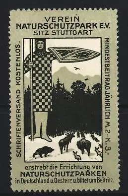 Reklamemarke Stuttgart, Verein Naturschutzpark e.V., Ritter mit Wappen und Wildtiere