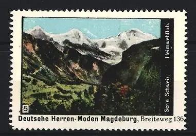 Reklamemarke Magdeburg, Deutsche Herren-Moden, Breiteweg 136, Alpenlandschaft