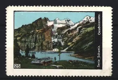 Reklamemarke Schweiz, Oeschinensee, Berglandschaft mit See
