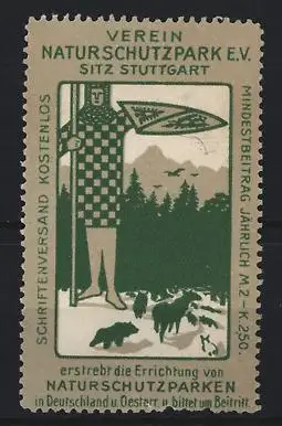 Reklamemarke Stuttgart, Verein Naturschutzpark e.V., Ritter mit Wildtieren und Waldszene