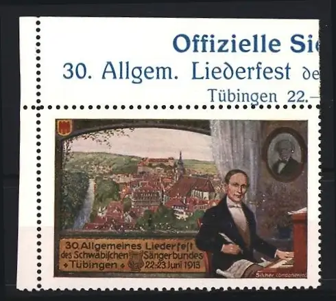 Reklamemarke Tübingen, 30. Allgemeines Liederfest des Schwäbischen Sängerbundes 1913, Komponist am Schreibtisch