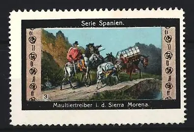 Reklamemarke Spanien, Maultiertreiber in der Sierra Morena, Landschaft mit Maultieren