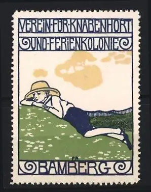 Reklamemarke Bamberg, Verein für Knabenhort und Ferienkolonie, Junge auf Wiese