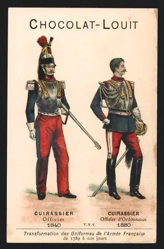 Sammelbild Bordeaux, Louit-Frères, Chocolat-Louit, Cuirassier en 1840 et 1880