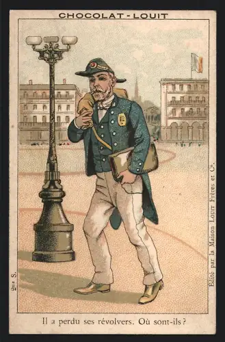 Sammelbild Bordeaux, Louit-Frères, Chocolat-Louit, Il a perdu ses révolvers. Où sont-ils?