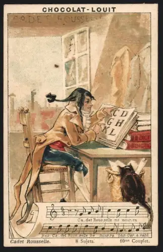 Sammelbild Bordeaux, Louit-Frères, Chocolat-Louit, Cadet Rousselle, Katze neben Papierkorb
