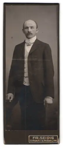 Fotografie Fr. Seidig, Oranienbaum, Portrait bürgerlicher Herr mit Fliege und Schnurrbart