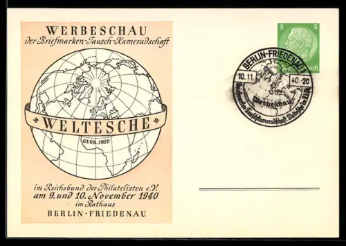 AK Ganzsache Berlin-Friedenau, Werbeschau der Briefmarken-Tausch-Kameradschaft 1940