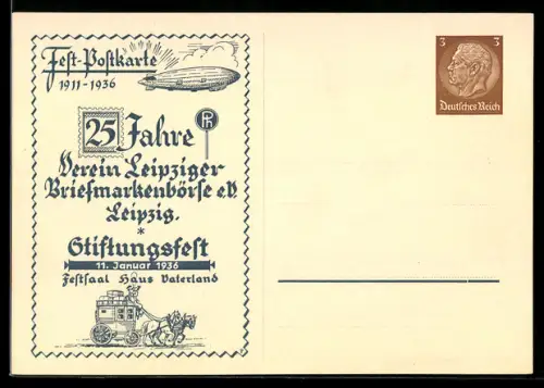 AK Ganzsache Leipzig, 25 Jahre Verein Leipziger Briefmarkenbörse e. V 1936, Zeppelin und Postkutsche