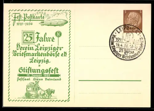 AK Ganzsache Leipzig, 25 Jahre Verein Leipziger Briefmarkenbörse e. V 1936, Zeppelin und Postkutsche