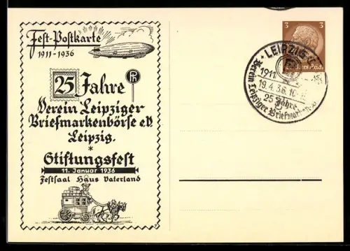 AK Ganzsache Leipzig, 25 Jahre Verein Leipziger Briefmarkenbörse e. V 1936, Zeppelin und Postkutsche