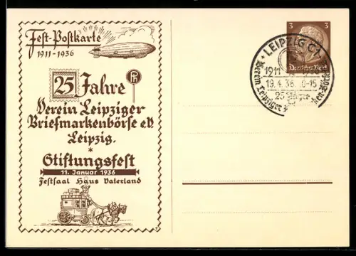AK Ganzsache Leipzig, 25 Jahre Verein Leipziger Briefmarkenbörse e. V 1936, Zeppelin und Postkutsche