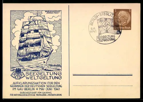 AK Ganzsache PP 122 C113: Berlin, Aufklärungsaktion für d. Gedanken dt. Seegeltung 1941, Segelschulschiff Gorch Fock
