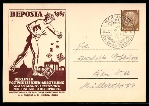 AK Ganzsache Berlin, Berliner Postwertzeichen-Ausstellung Beposta 1935, Silhouette Brandenburger Tor