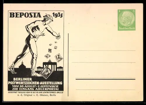 AK Ganzsache Berlin, Berliner Postwertzeichen-Ausstellung Beposta 1935, Hermes mit Briefmarken