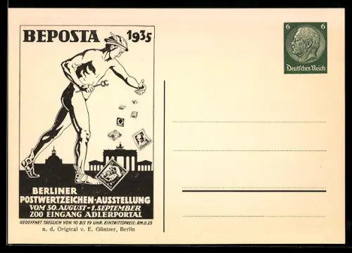 AK Ganzsache Berlin, Berliner Postwertzeichen-Ausstellung Beposta 1935, Hermes mit Briefmarken
