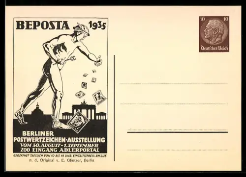 AK Ganzsache Berlin, Berliner Postwertzeichen-Ausstellung Beposta 1935, Hermes mit Briefmarken