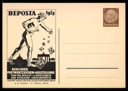 AK Ganzsache Berlin, Berliner Postwertzeichen-Ausstellung Beposta 1935, Hermes mit Briefmarken