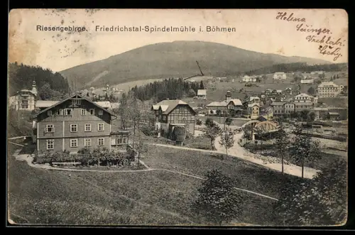 AK Friedrichstal-Spindelmühle i. Böhmen, Ortsansicht mit Brücke