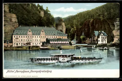 AK Herrnskretschen, Hotel Herrnhaus vom Wasser gesehen