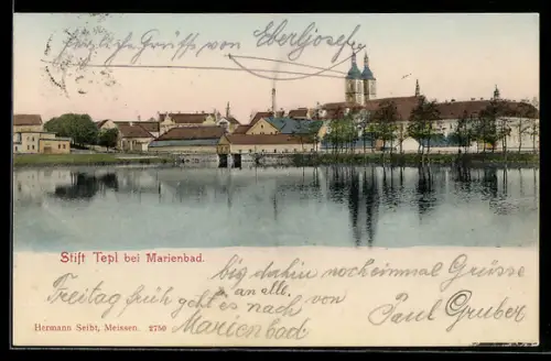 AK Marienbad, Stift Tepl vom Wasser aus