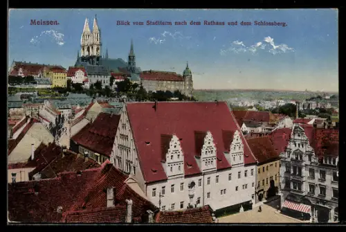 AK Meissen, Blick vom Stadtturm nach dem Rathaus und dem Schlossberg