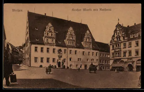 AK Meissen / Elbe, Grosser Markt m. Rathaus u. Pferdekutsche