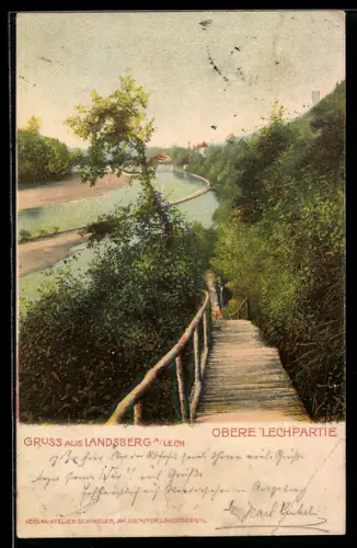 Lithographie Landsberg a. Lech, Obere Lechpartie