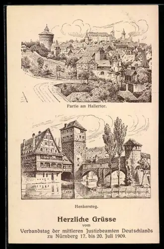 Künstler-AK Nürnberg, Partie am Hallertor, Henkersteg, Verbandstag der mittleren Justizbeamten 1909